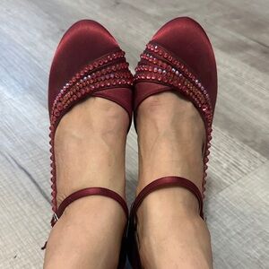 Elegant Red Satin burlesque Women's Shoes with Swarovski crystals size 7